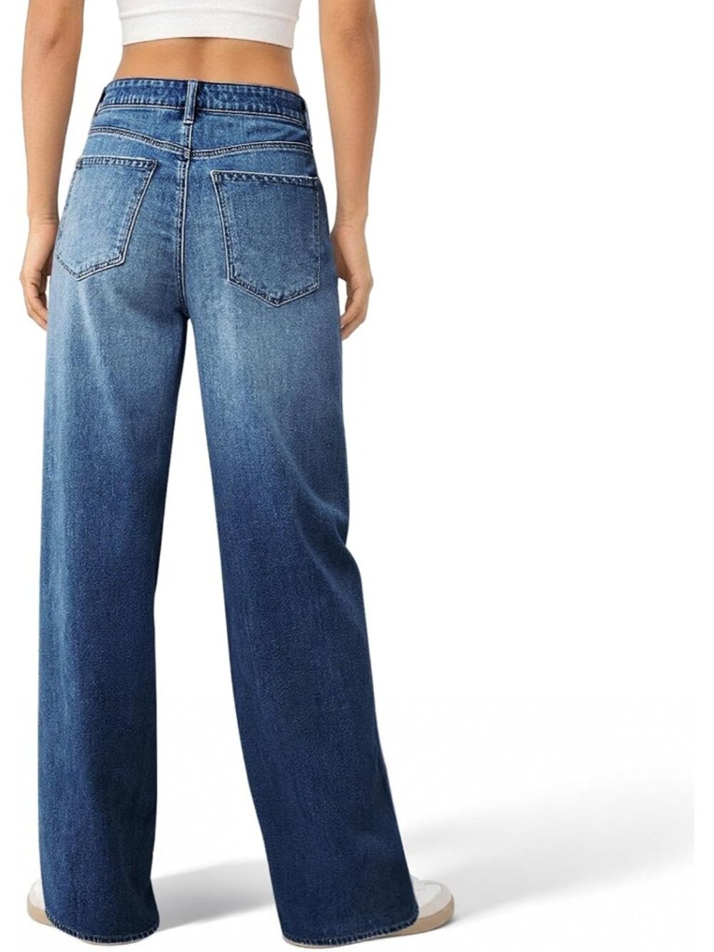 Women's Dark Blue High Waisted Baggy Loose Straight Denim Pants Wide Leg Jeans - Picture 3 of 6